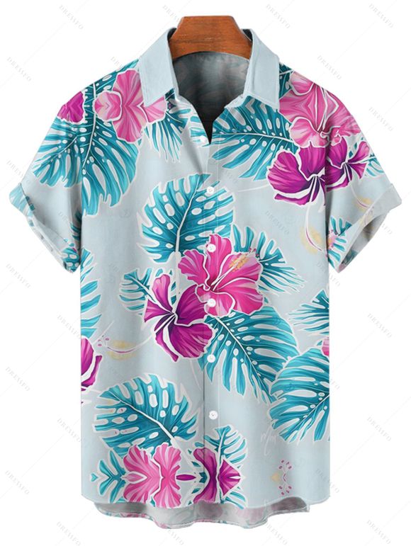 Vacation Couple Outfit Leaf Flower Print Ruched Mini Dress and Shirt Set - Bleu clair S | US 4