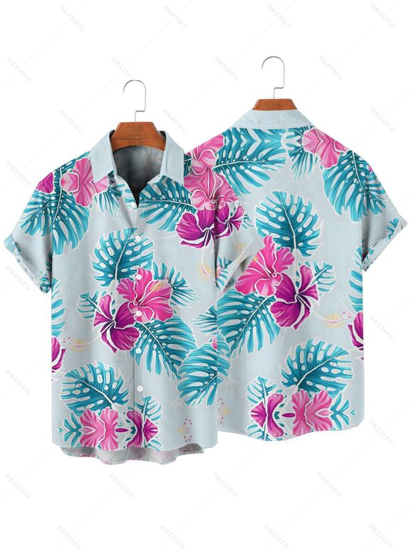 Vacation Couple Outfit Leaf Flower Print Ruched Mini Dress and Shirt Set - Bleu clair S | US 4