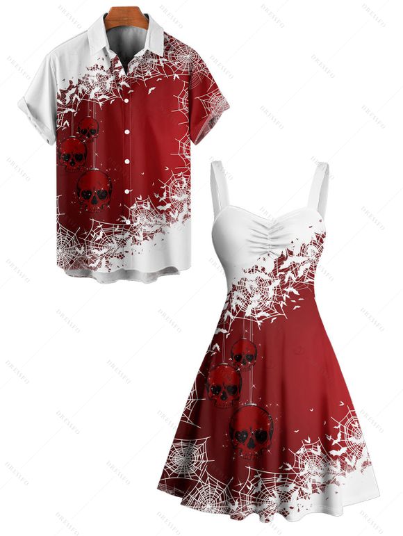 Christmas Couple Outfit Snowflake Skulls Print Ruched Mini Dress and Shirt Set - Blanc S | US 4
