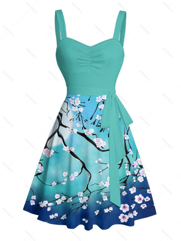 Robe de vacances courte à imprimé fleurs de prunier ombré et ceinture froncée - Vert XXXXXL | US 20