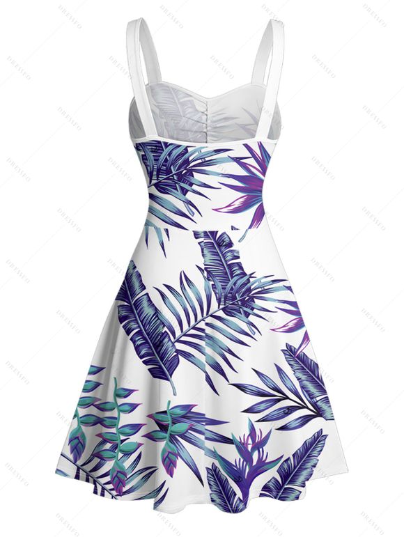 Robe de vacances pour la plage, imprimé feuilles de plantes tropicales, robe à ceinture froncée - Bleu XL | US 12