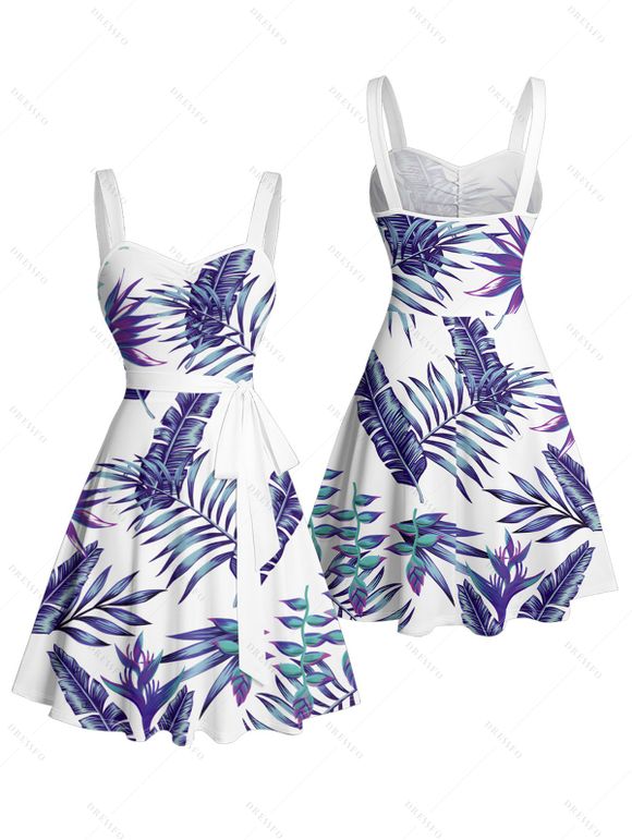 Robe de vacances pour la plage, imprimé feuilles de plantes tropicales, robe à ceinture froncée - Bleu XL | US 12