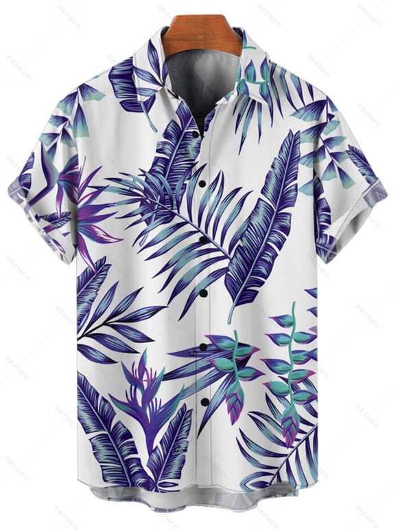 Chemise de vacances pour homme, imprimé feuilles de plantes tropicales, boutonnée, pour la plage - Bleu 5XL