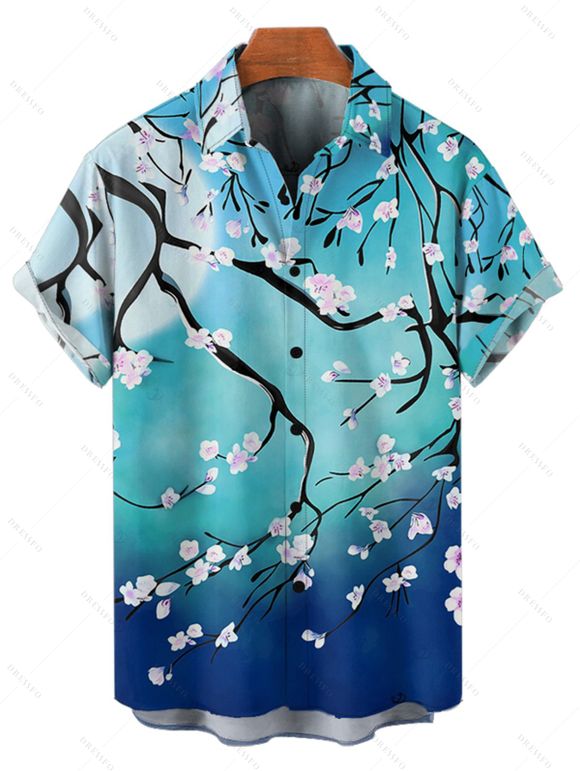 Chemise de vacances pour homme, boutonnée, imprimé fleurs de prunier ombré - Vert 5XL