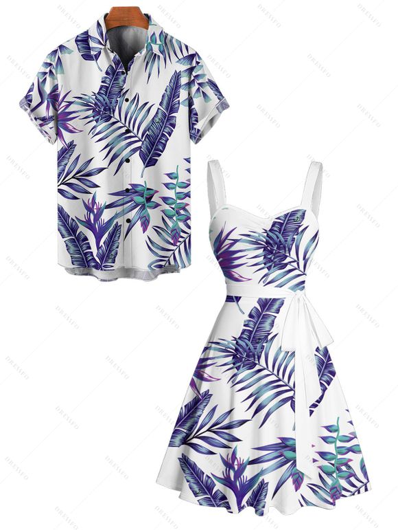 Beach Couple Outfit Tropical Plant Print Ruched Belt Dress and Shirt Set - Bleu S | US 4