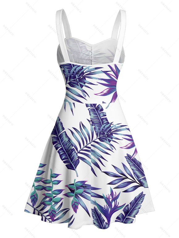 Beach Couple Outfit Tropical Plant Print Ruched Belt Dress and Shirt Set - Bleu S | US 4