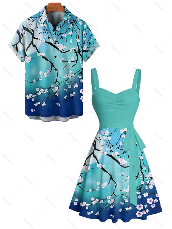 Vacation Couple Outfit Ombre Plum Blossom Print Belt Dress and Shirt Set - Vert S | US 4
