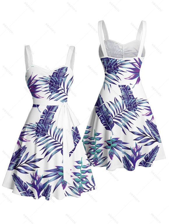 Beach Couple Outfit Tropical Plant Print Ruched Belt Dress and Shirt Set - Bleu S | US 4