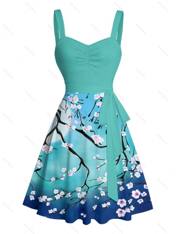 Vacation Couple Outfit Ombre Plum Blossom Print Belt Dress and Shirt Set - Vert S | US 4