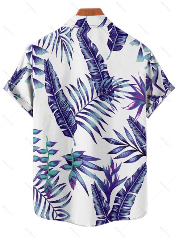Beach Couple Outfit Tropical Plant Print Ruched Belt Dress and Shirt Set - Bleu S | US 4