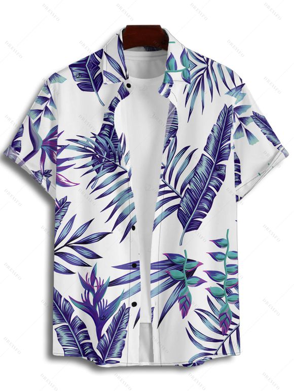 Beach Couple Outfit Tropical Plant Print Ruched Belt Dress and Shirt Set - Bleu S | US 4
