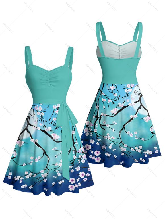 Vacation Couple Outfit Ombre Plum Blossom Print Belt Dress and Shirt Set - Vert S | US 4