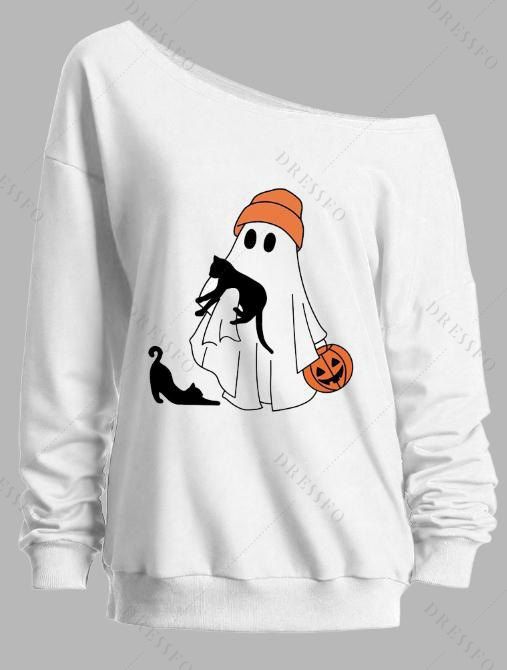 Sweat-shirt mignon à col incliné avec imprimé citrouille et chat fantôme d'Halloween - Blanc XXL | US 14