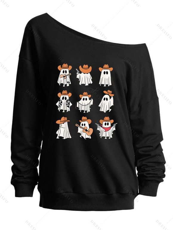 Sweat-shirt mignon à col incliné avec imprimé fantôme d'Halloween - Noir XXL | US 14