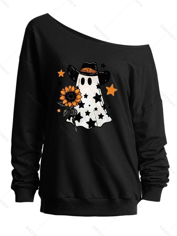 Sweat-shirt mignon à col incliné avec imprimé fantôme, tournesol et étoiles d'Halloween - Noir XXL | US 14