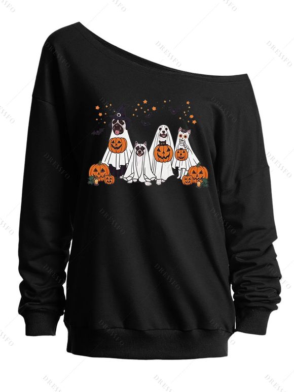 Sweat-shirt mignon à col incliné avec imprimé citrouille fantôme et chien d'Halloween - Noir XXL | US 14