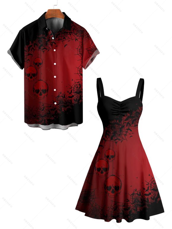 Christmas Couple Outfit Snowflake Skulls Print Ruched Mini Dress and Shirt Set - Noir S | US 4