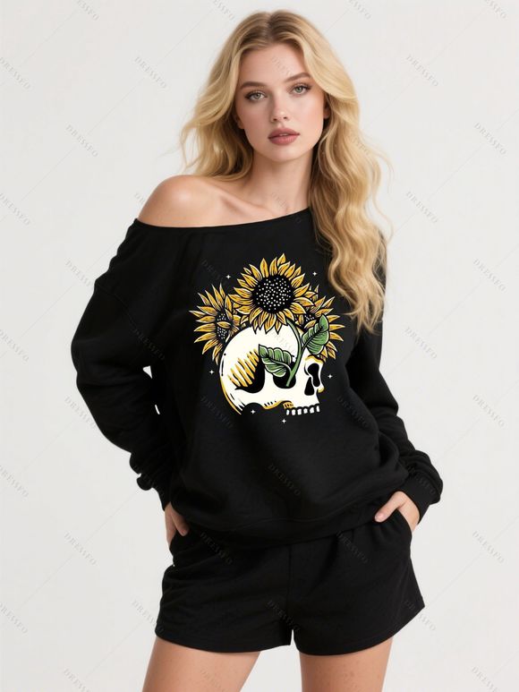 Sweat-shirt gothique pour Halloween, imprimé tête de mort et tournesol, col oblique - Noir XXL | US 14