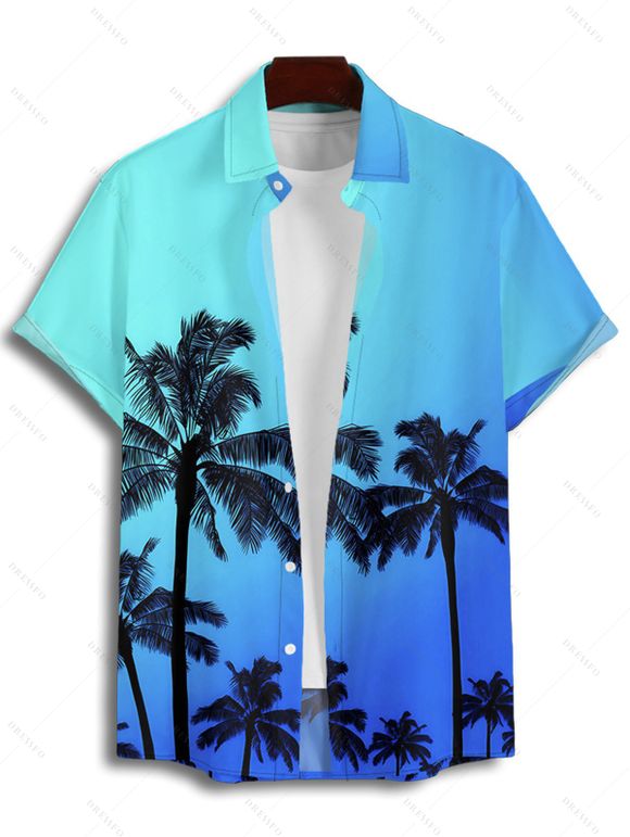 Chemise de vacances à motif cocotier ombré pour homme, boutonnée, retroussée, manches courtes, pour la plage - Bleu 4XL