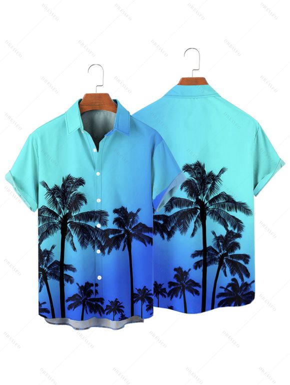 Chemise de vacances à motif cocotier ombré pour homme, boutonnée, retroussée, manches courtes, pour la plage - Bleu 4XL