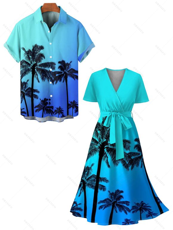 Vacation Couple Outfit Ombre Coconut Tree Pattern Belt V Neck Short Sleeve A Line Midi Dress and Button Up Shirt Beach Matching Outfit - Bleu S | US 4
