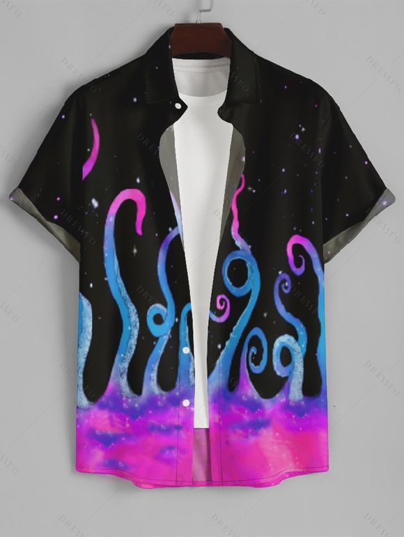 Chemise Décontractée Boutonnée Pieuvre et Galaxie Imprimés à Manches Courtes - Noir 4XL