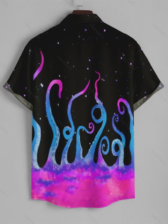 Chemise Décontractée Boutonnée Pieuvre et Galaxie Imprimés à Manches Courtes - Noir XL