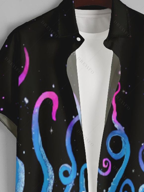 Chemise Décontractée Boutonnée Pieuvre et Galaxie Imprimés à Manches Courtes - Noir XL