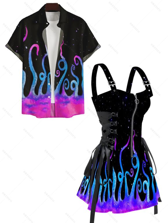 Robe Chemise à Lacets avec Imprimé Pieuvre et Galaxie pour Hommes - Noir S | US 4