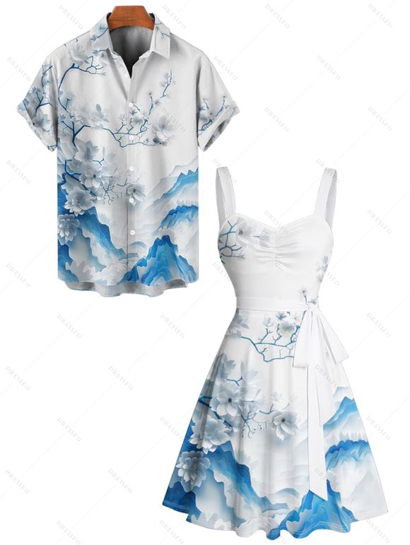 Vacation Couple Outfit Floral Mountain Print Ruched Belt Dress and Shirt Set - Bleu S | US 4