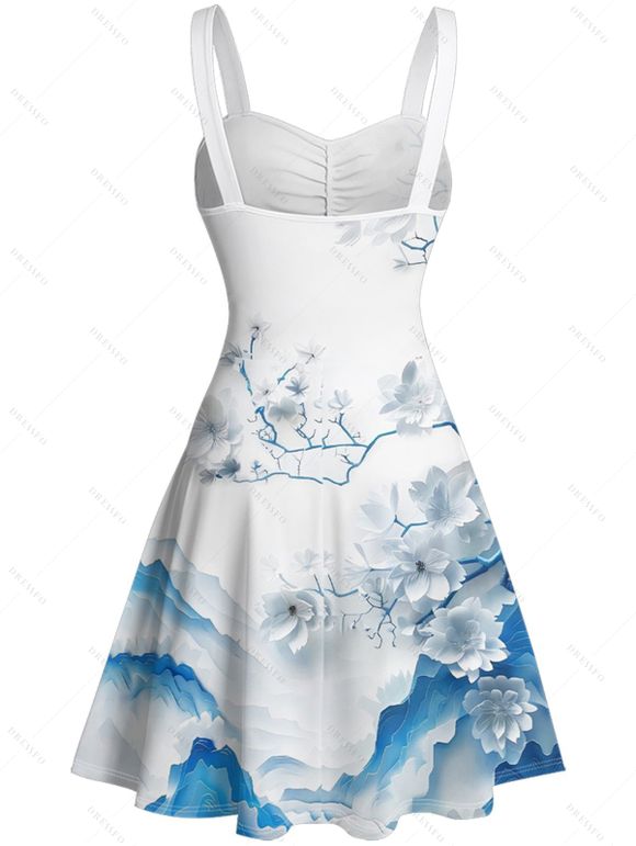 Vacation Couple Outfit Floral Mountain Print Ruched Belt Dress and Shirt Set - Bleu S | US 4