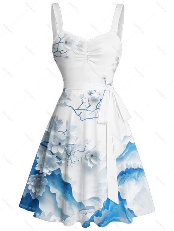 Robe de vacances à imprimé floral et montagne avec ceinture froncée - Bleu S | US 4