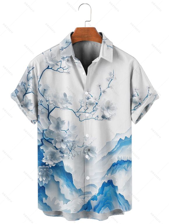 Chemise de vacances pour homme, boutonnée, imprimé floral et montagne - Bleu XXXXXL | US 20