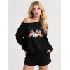 Sweat-shirt mignon à col incliné avec imprimé citrouille fantôme et chien d'Halloween - Noir XXL | US 14