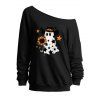 Sweat-shirt mignon à col incliné avec imprimé fantôme, tournesol et étoiles d'Halloween - Noir XXL | US 14