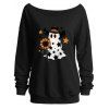 Sweat-shirt mignon à col incliné avec imprimé fantôme, tournesol et étoiles d'Halloween - Noir XXL | US 14