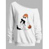 Sweat-shirt mignon à col incliné avec imprimé citrouille et chat fantôme d'Halloween - Blanc XXL | US 14