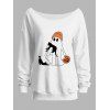 Sweat-shirt mignon à col incliné avec imprimé citrouille et chat fantôme d'Halloween - Blanc XXL | US 14