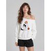 Sweat-shirt mignon à col incliné avec imprimé citrouille et chat fantôme d'Halloween - Blanc XXL | US 14
