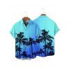 Vacation Couple Outfit Ombre Coconut Tree Pattern Belt V Neck Short Sleeve A Line Midi Dress and Button Up Shirt Beach Matching Outfit - Bleu S | US 4