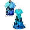 Vacation Couple Outfit Ombre Coconut Tree Pattern Belt V Neck Short Sleeve A Line Midi Dress and Button Up Shirt Beach Matching Outfit - Bleu S | US 4