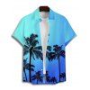 Vacation Couple Outfit Ombre Coconut Tree Pattern Belt V Neck Short Sleeve A Line Midi Dress and Button Up Shirt Beach Matching Outfit - Bleu S | US 4