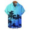Vacation Couple Outfit Ombre Coconut Tree Pattern Belt V Neck Short Sleeve A Line Midi Dress and Button Up Shirt Beach Matching Outfit - Bleu S | US 4