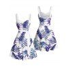 Robe de vacances pour la plage, imprimé feuilles de plantes tropicales, robe à ceinture froncée - Bleu XXXXXL | US 20