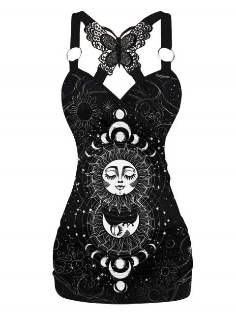 Débardeur gothique à imprimé soleil et lune célestes, long débardeur en dentelle avec papillons