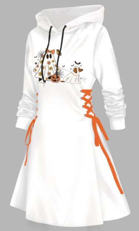 Robe à capuche d'Halloween, imprimé fantôme, citrouille, chauve-souris, mini-robe à lacets et cordons de serrage