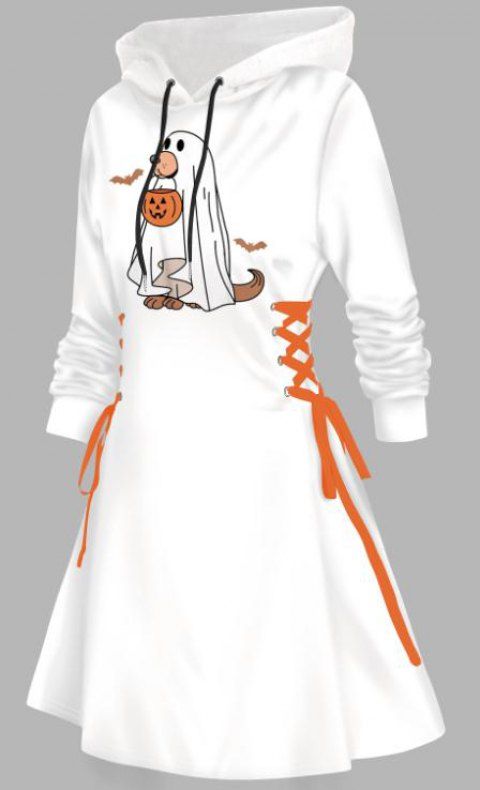 Halloween Hoodie Dress Animal Ghost Pumpkin Bat Print Lace Up Drawstrings Dress