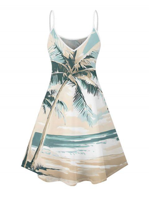 Robe de vacances à imprimé cocotiers et paysage de plage, mini-robe à bretelles spaghetti
