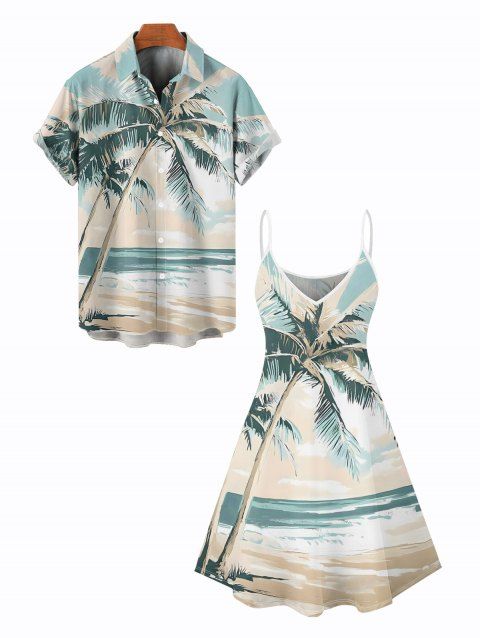 Vacation Couple Outfit Beach Coconut Tree Print Mini Dress and Shirt Set