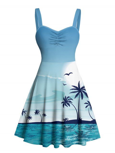 Robe de plage courte froncée à imprimé paysage de cocotiers